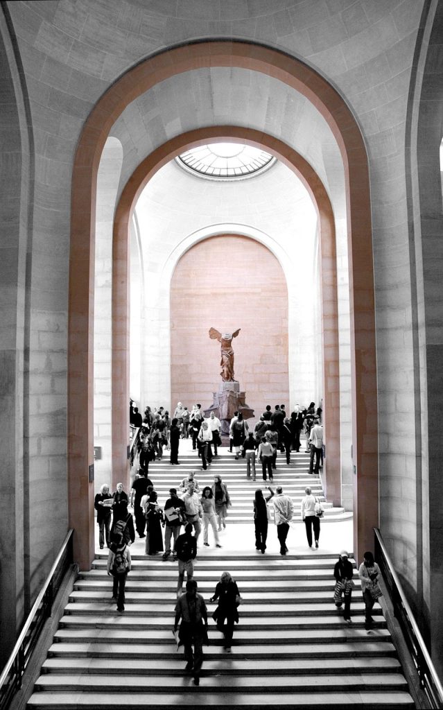 louvre, nike, greek goddess of victory, france, museum, paris, marble, ancient, wing, sculpture, victory, artwork, figure, greek, stairs, rise, people, monument, sightseeing, statue, historical, story, goddess